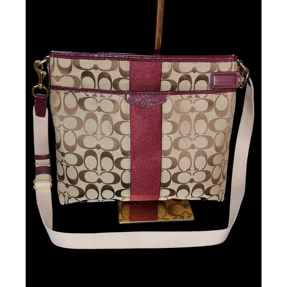 Coach New York Signature Stripe Khaki Monogram / Merlot Crossbody Purse File Bag